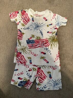 Burt's Bees White Pajama Set with Red, Blue & Gold Firework and Flag Print
